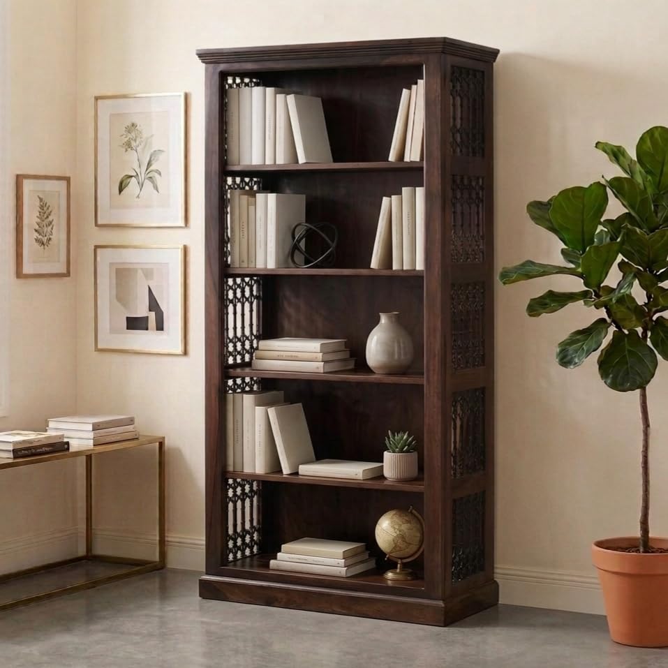 Bhagwati Art Sheesham Wood 5-Shelf Bookshelf – Jaali Design in Walnut Finish