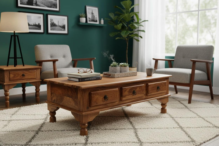 Bhagwati Art Sheesham Wood Coffee Table with Drawer Storage in Honey Finish