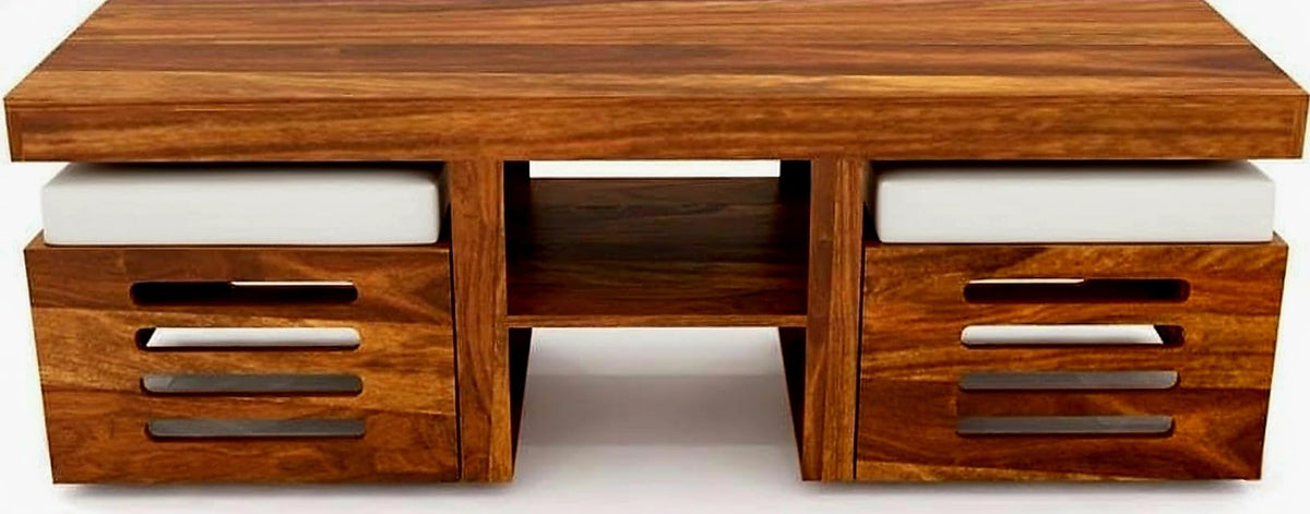 Bhagwati Art Sheesham Rectangle Coffee Table with 2 Cushioned Stools – view 2