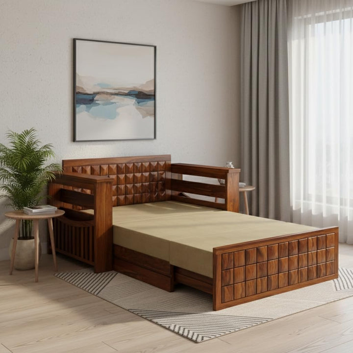 Bhagwati Art Sheesham Wood Sofa Cum Bed with Storage – Full Diamond in Honey Finish
