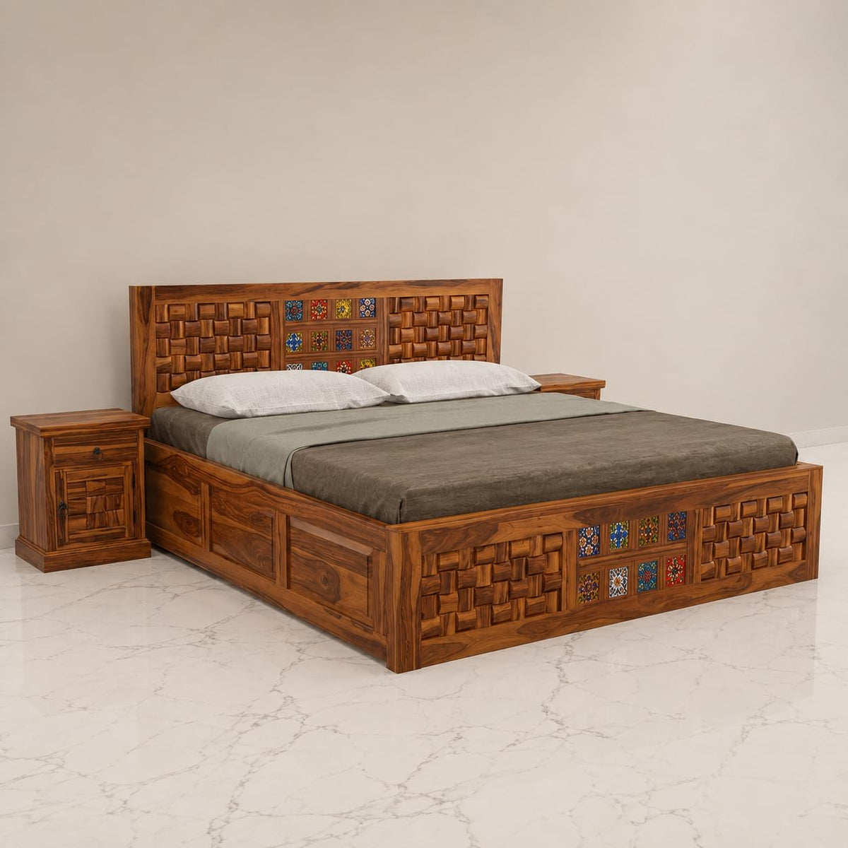 Bhagwati Art Sheesham Bed with Storage & 2 Bedside Tables – Niwar Tile in Honey Finish