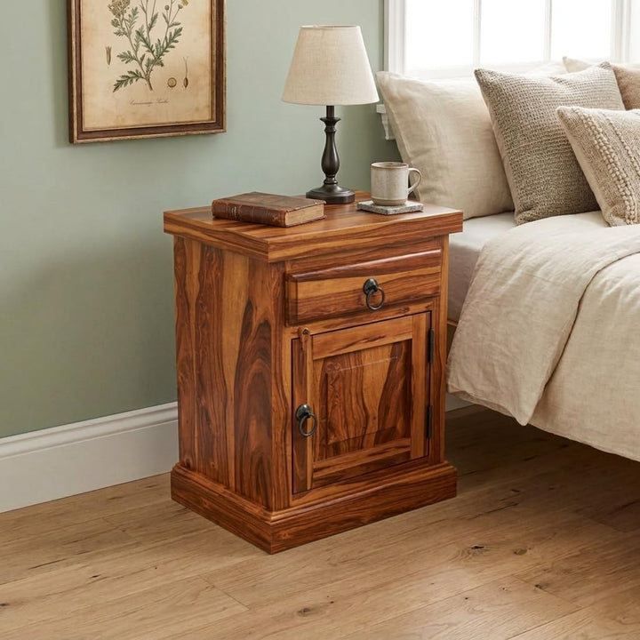 Bhagwati Art Sheesham Wood Bedside Table with Drawer – Modern Design in Honey Finish