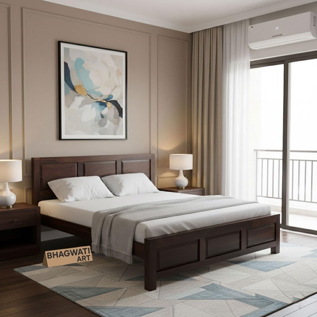 Bhagwati Art Sheesham Wood Bed without Storage – 3 Dalla Design in Walnut Finish