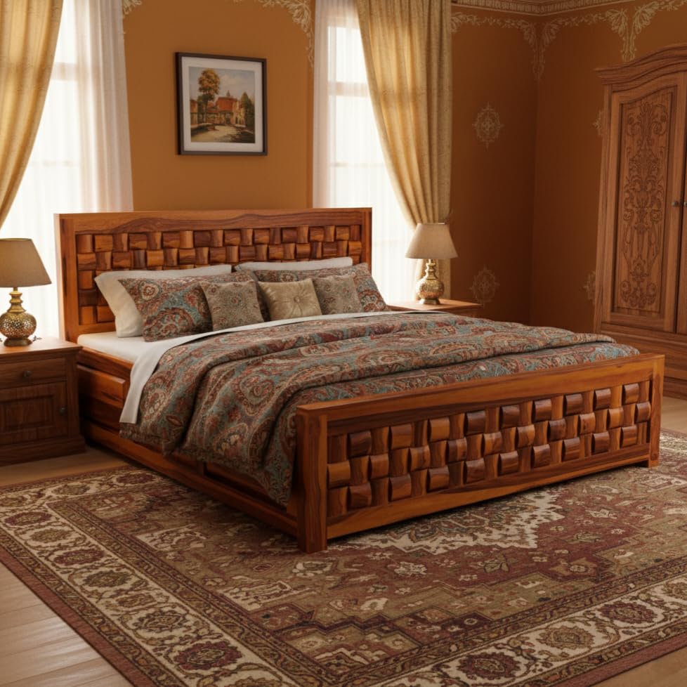 Bhagwati Art Sheesham Bed with Storage & 2 Bedside Tables – Niwar – view 7