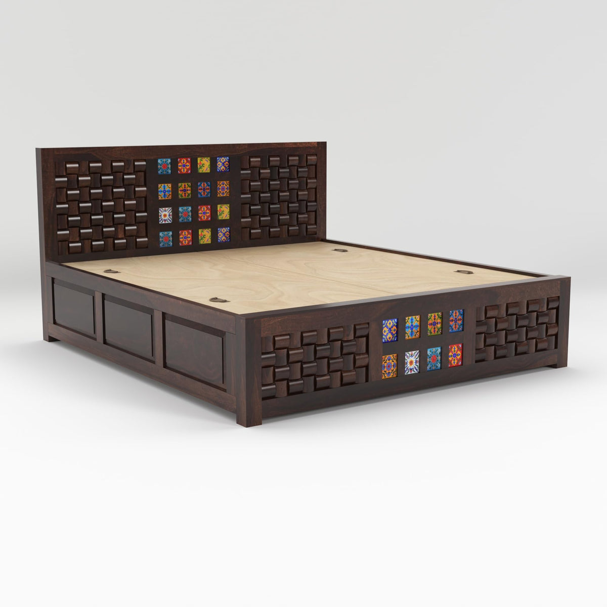 Bhagwati Art Sheesham Bed with Storage & 2 Bedside Tables – Niwar Tile – view 25