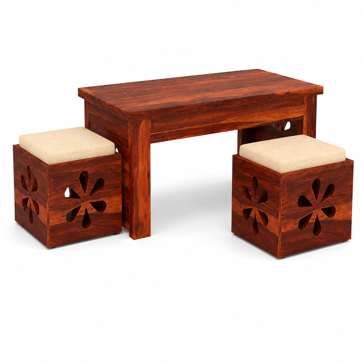 Bhagwati Art Sheesham Coffee Table with 2 Stools – Floral Jaali Design – view 6