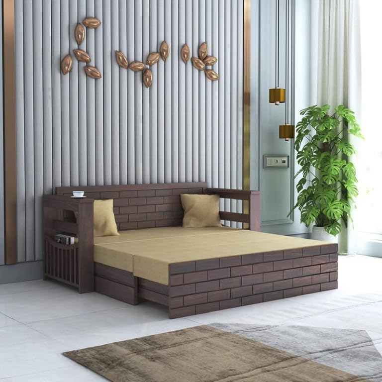 Bhagwati Art Sheesham Wood Sofa Cum Bed with Storage – Full ENT Design in Walnut Finish