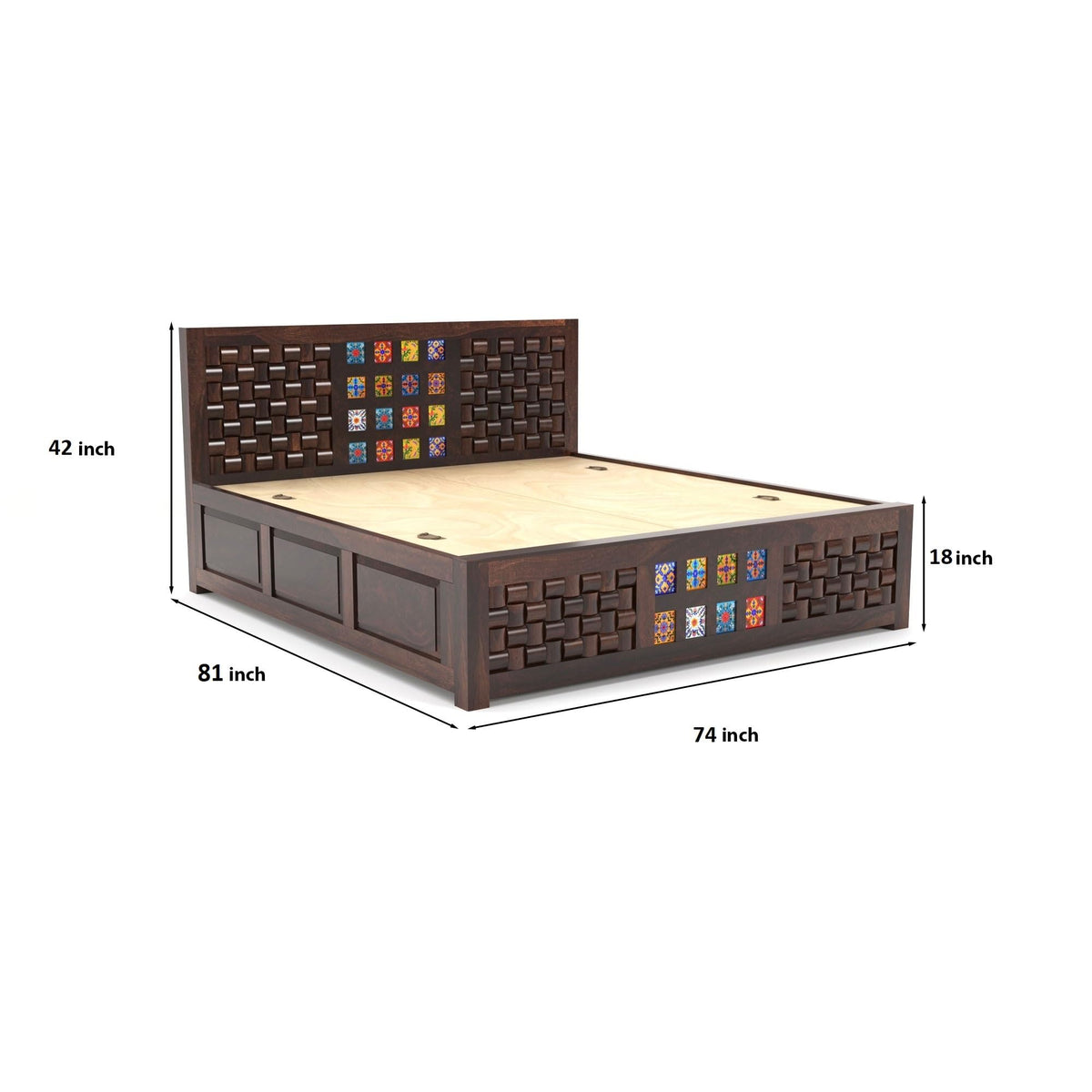Bhagwati Art Sheesham Wood Bed with Box Storage – Niwar Tile Design – view 2
