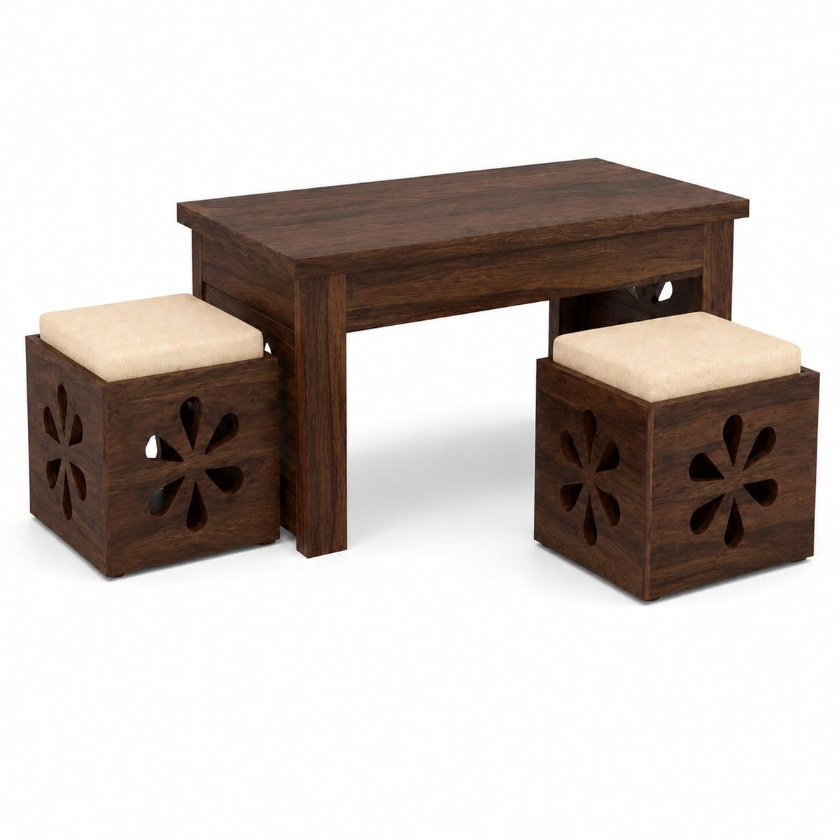 Bhagwati Art Sheesham Coffee Table with 2 Stools – Floral Jaali Design – view 14