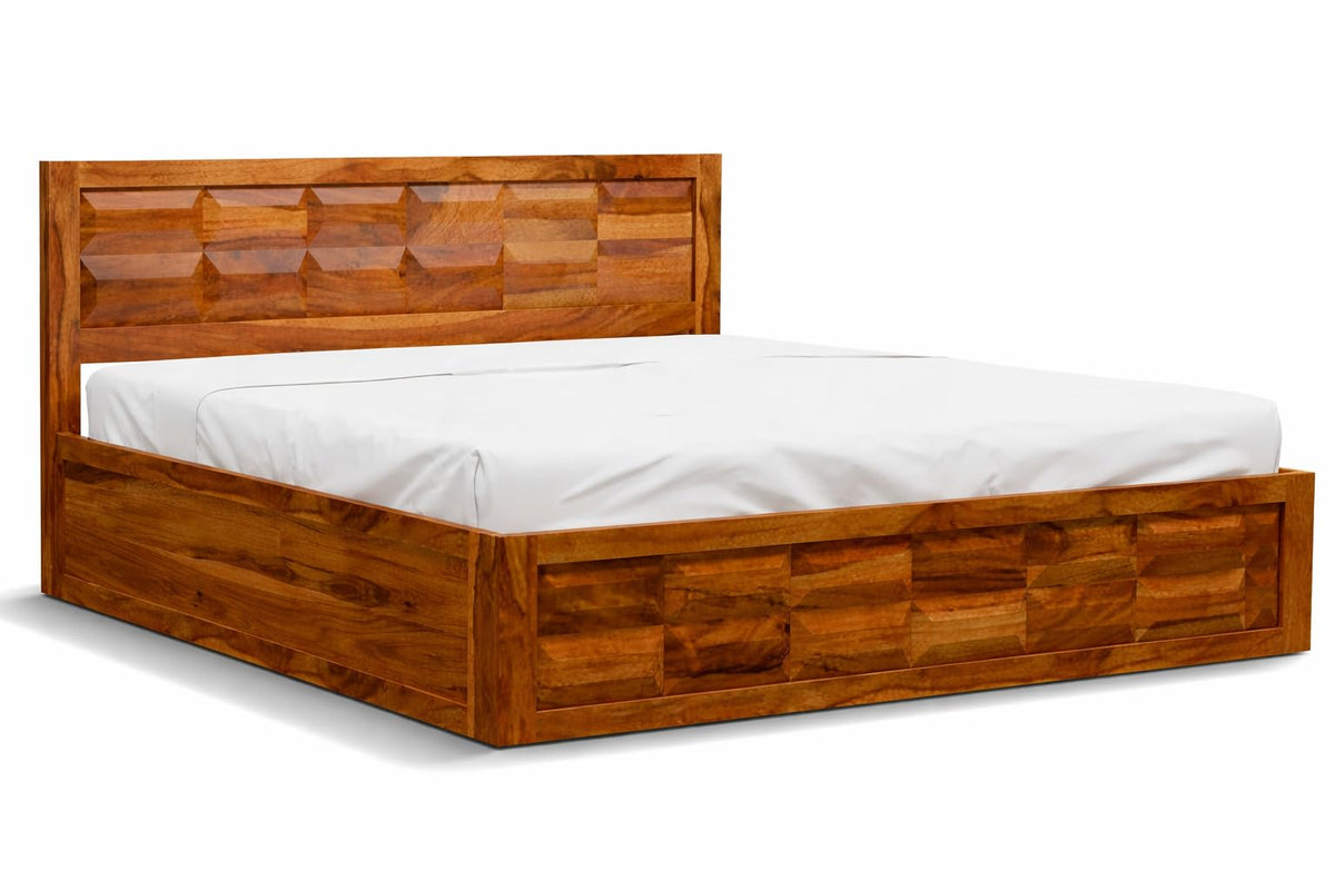 Barfi design Sheesham wood bed in Honey finish, side angle on white background