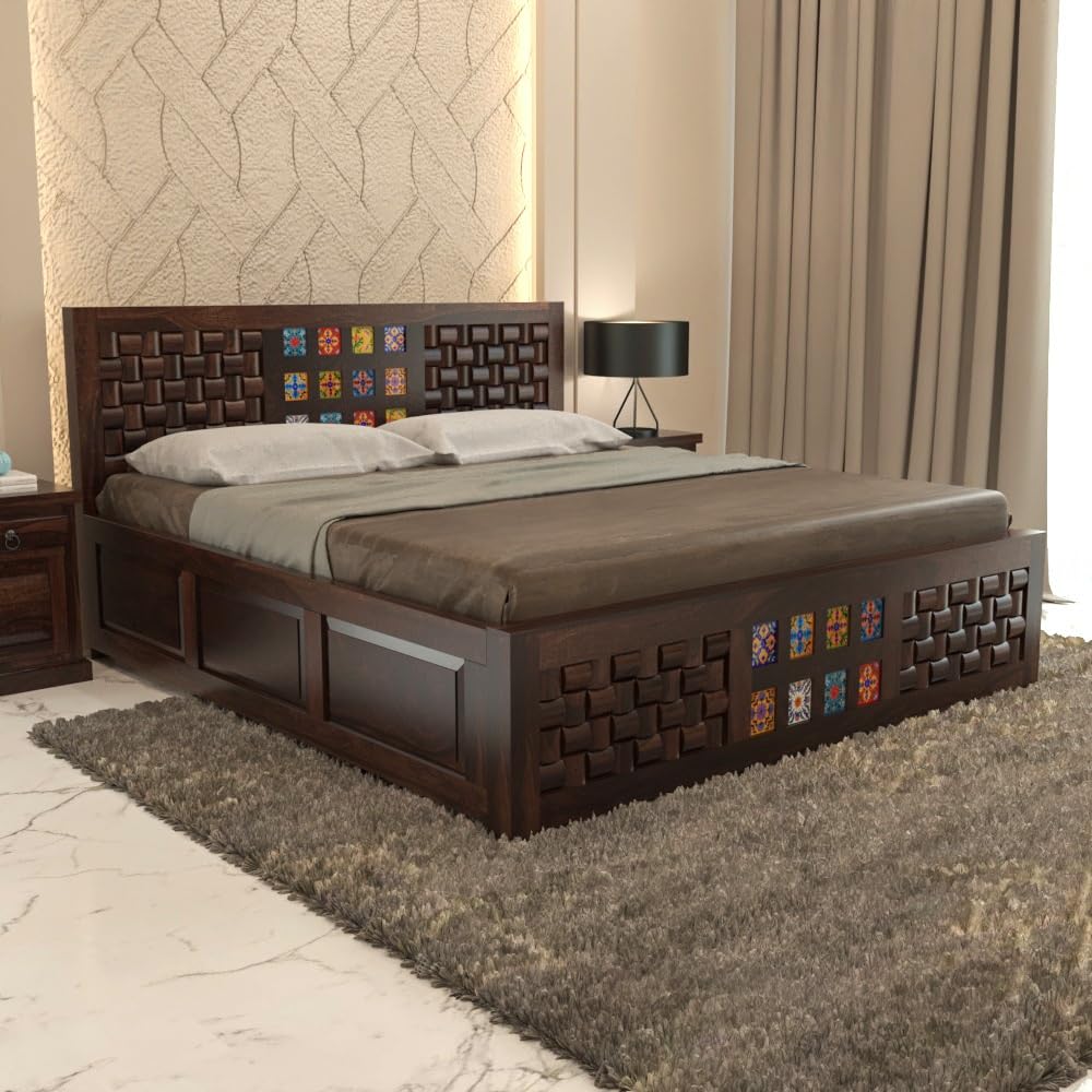 Bhagwati Art Sheesham Wood Bed with Box Storage – Niwar Tile Design in Walnut Finish