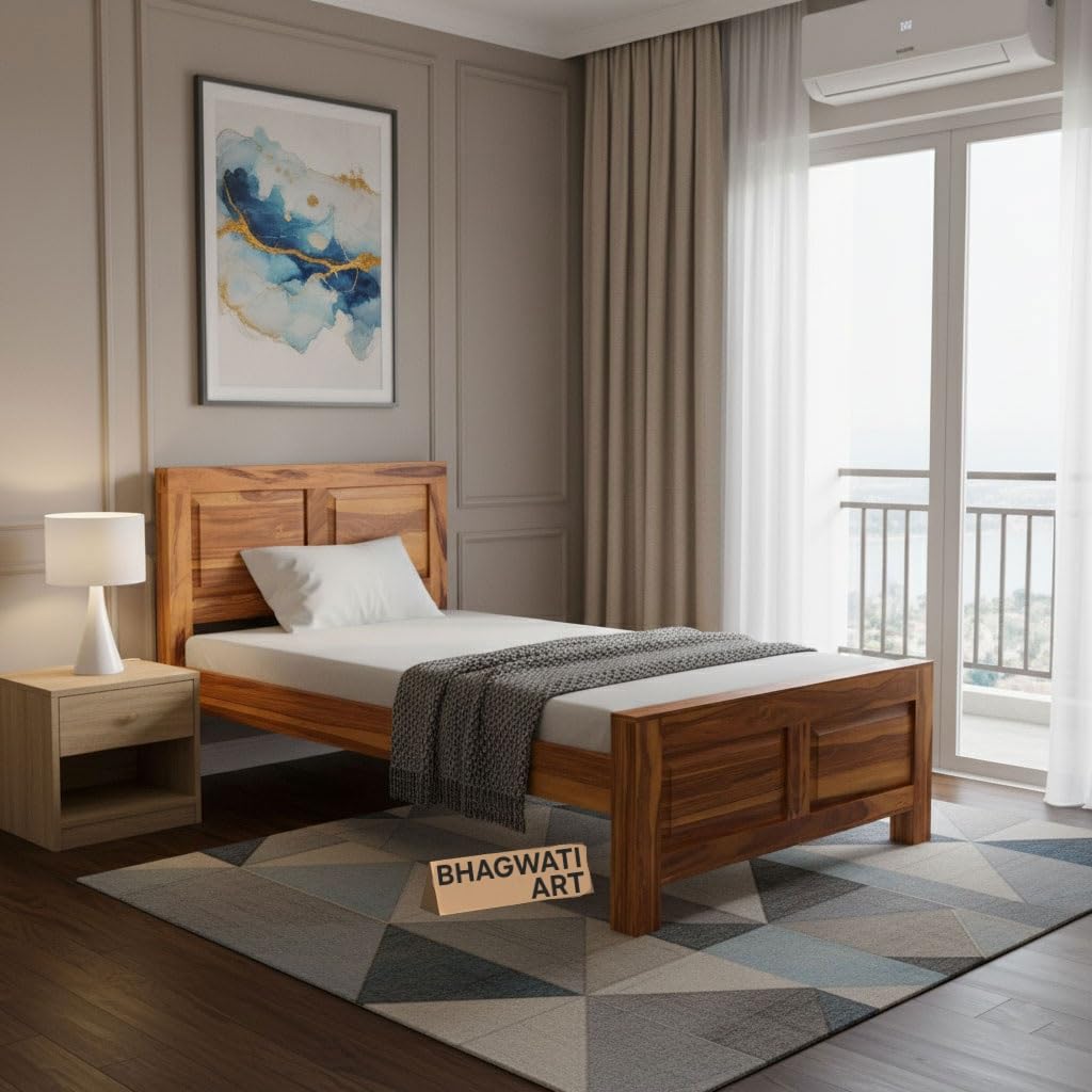 Bhagwati Art Sheesham Wood Single Bed without Storage – 2 Dalla Design in Honey Finish