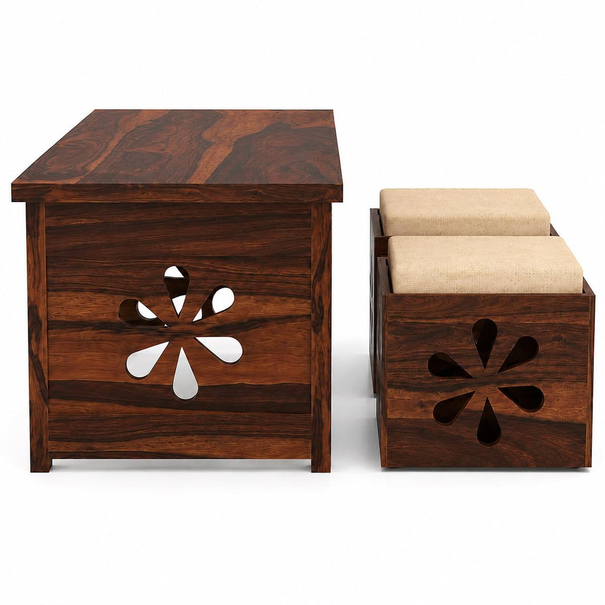 Bhagwati Art Sheesham Coffee Table with 2 Stools – Floral Jaali Design – view 12