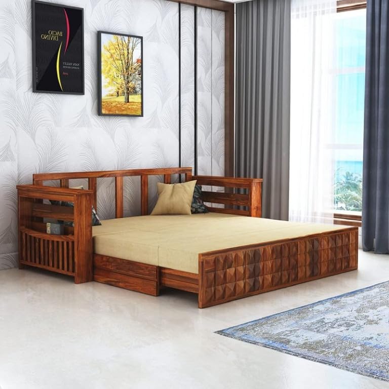 Bhagwati Art Diamond 3 seater sofa cum bed in Honey finish opened as a bed in a living room