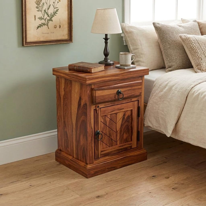 Bhagwati Art Sheesham Wood Bedside Table with Drawer – Suraj Design in Honey Finish