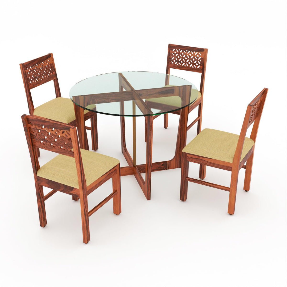Bhagwati Art Sheesham Wood Dining Set with Glass Top – Round Design – view 4