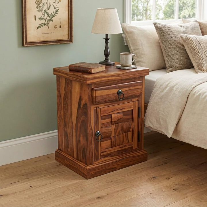 Bhagwati Art Sheesham Wood Bedside Table with Drawer – Niwar Design in Honey Finish