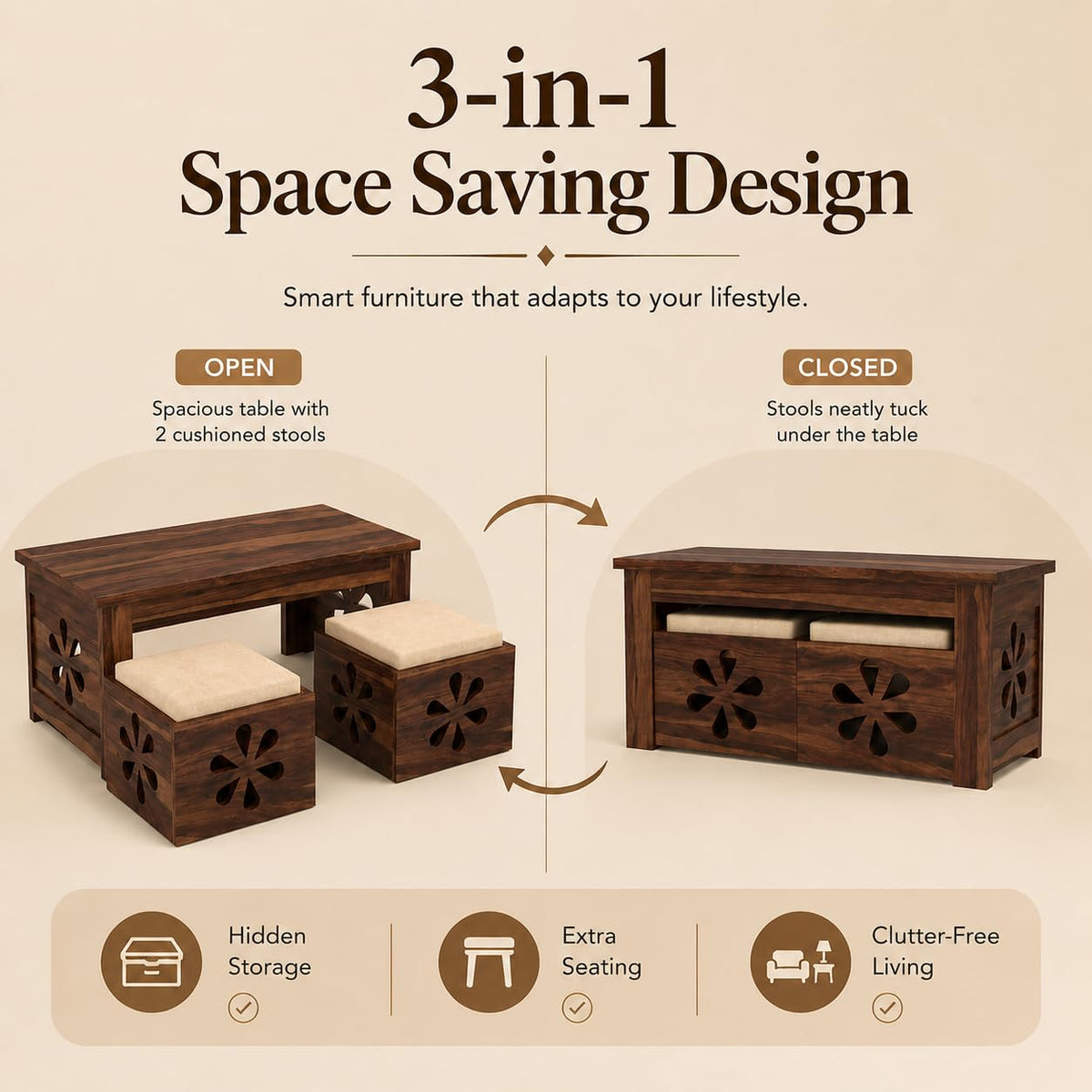 Bhagwati Art Sheesham Coffee Table with 2 Stools – Floral Jaali Design – view 13