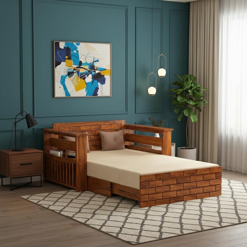 Bhagwati Art Sheesham Wood Sofa Cum Bed with Storage – Full ENT Design in Honey Finish