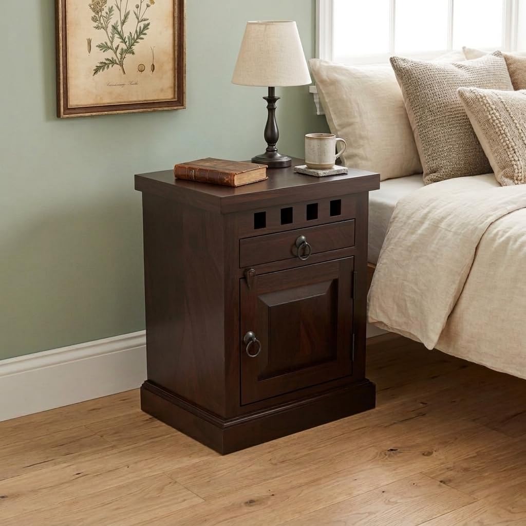 Bhagwati Art Sheesham Wood Bedside Table with Drawer – Kuber Design in Walnut Finish