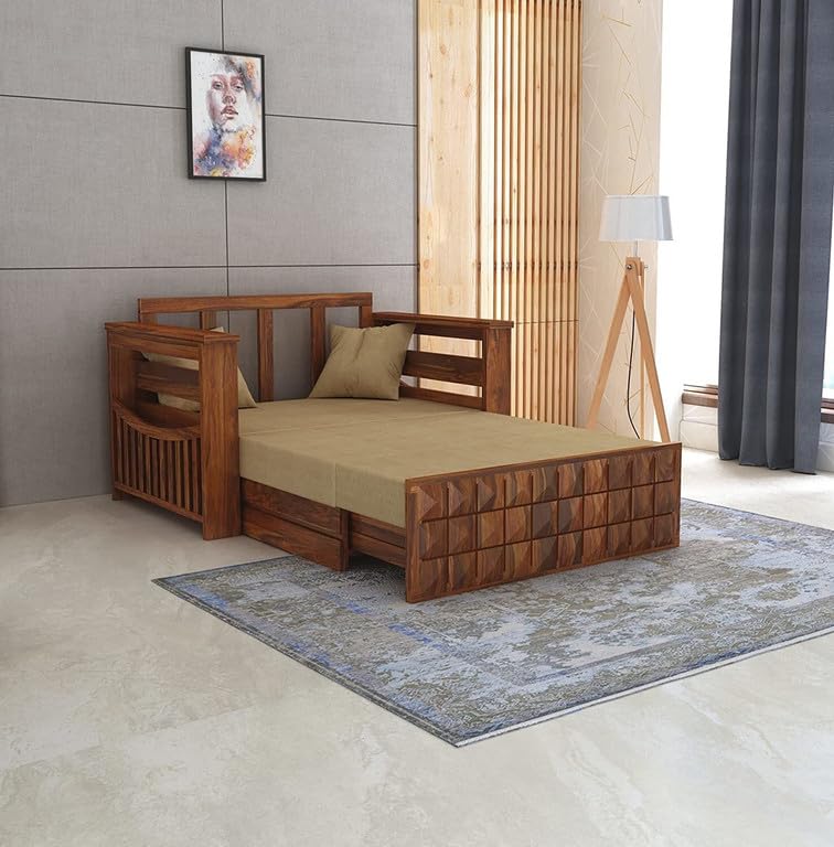 Diamond 2 seater sofa cum bed in Honey finish opened as a bed