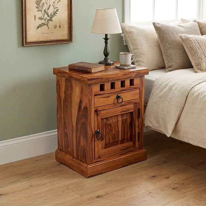 Bhagwati Art Sheesham Wood Bedside Table with Drawer – Kuber Design in Honey Finish