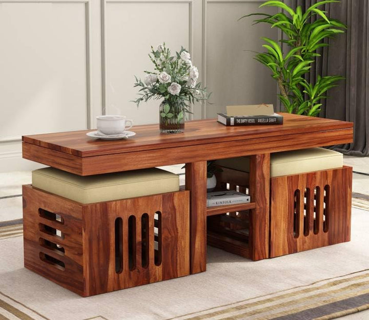 Bhagwati Art Sheesham Rectangle Coffee Table with 2 Cushioned Stools in Natural Finish