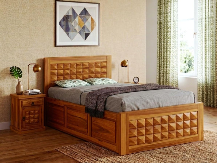 Bhagwati Art Sheesham Wood Single Bed with Box Storage – Diamond Design in Honey Finish