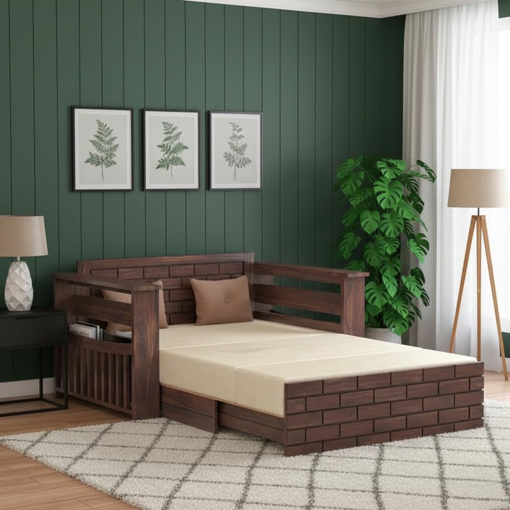Bhagwati Art Sheesham Wood Sofa Cum Bed with Storage – Full ENT Design in Walnut Finish