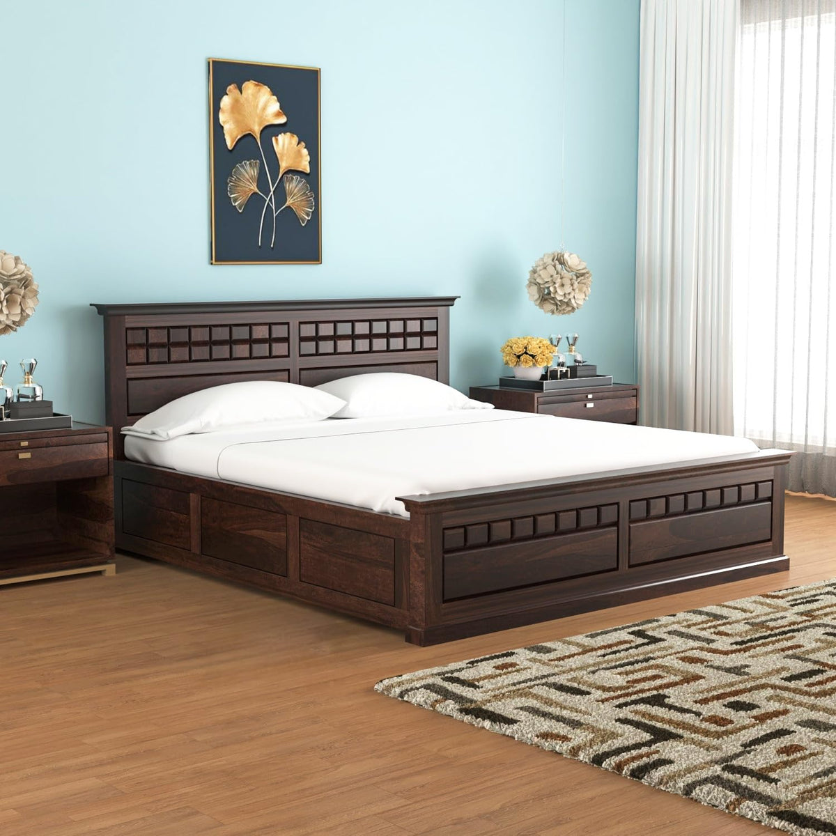 Bhagwati Art Sheesham Wood Bed with Box Storage – Chocolate 2D Design in Walnut Finish