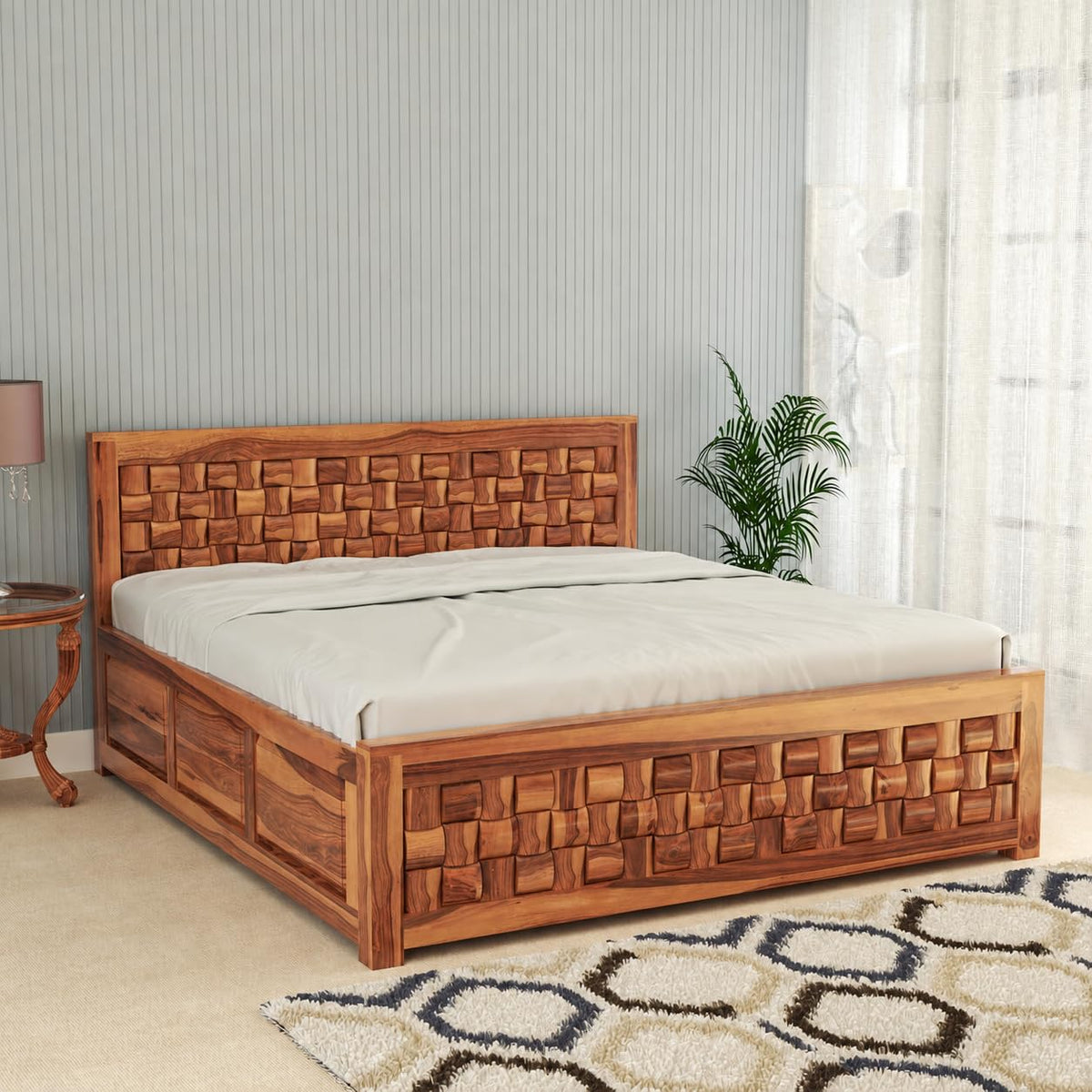 Bhagwati Art Sheesham Bed with Storage & 2 Bedside Tables – Niwar in Honey Finish