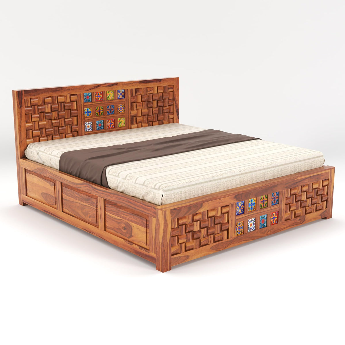 Bhagwati Art Sheesham Bed with Storage & 2 Bedside Tables – Niwar Tile – view 6