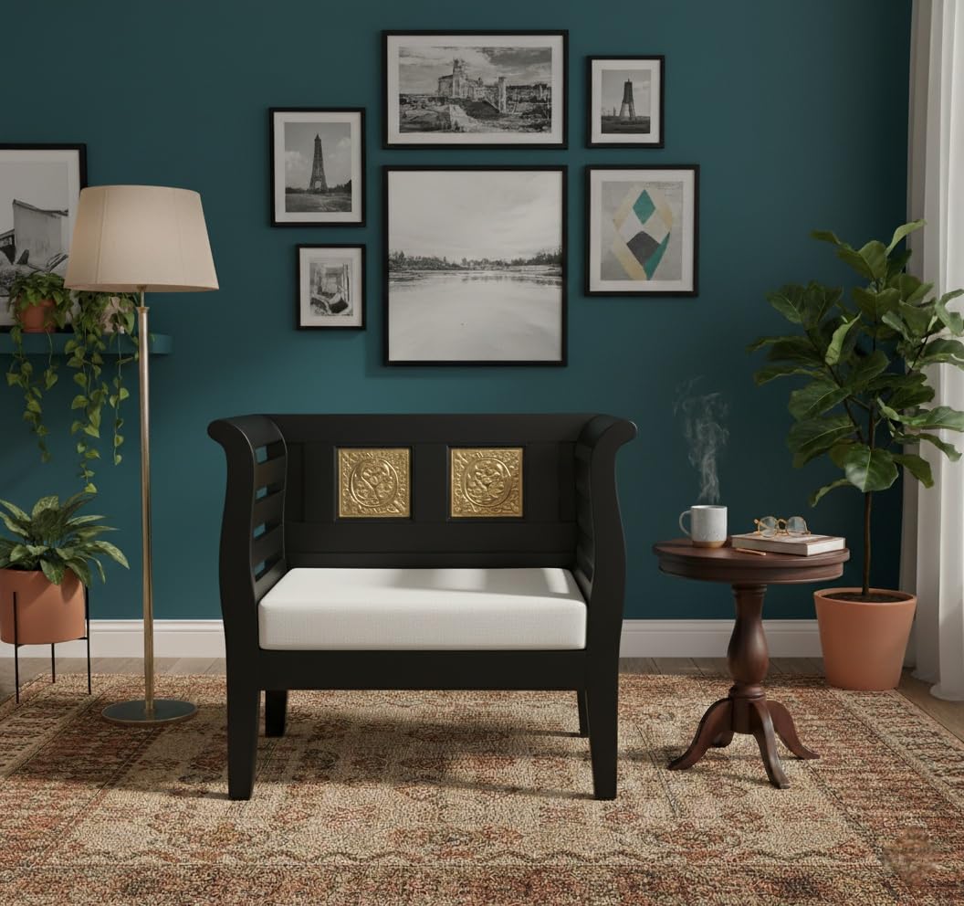 Bhagwati Art Sheesham Wood Thapa Sofa Chair with Cushion in Walnut Finish