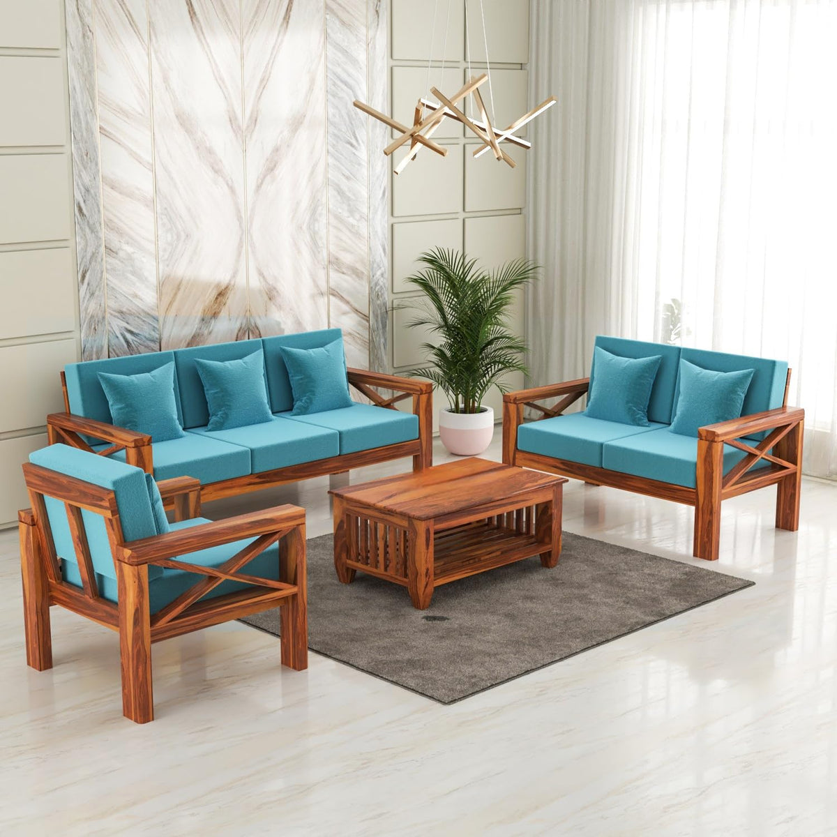 Bhagwati Art Sheesham Wood 6 Seater Sofa Set with X Design Armrests – view 1