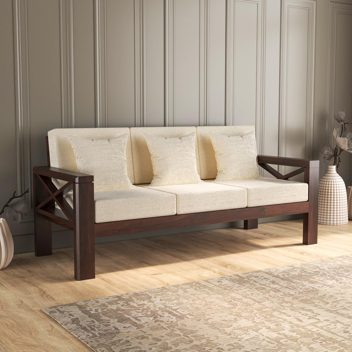 Bhagwati Art Sheesham Wood 3 Seater Sofa with X Design Armrests – view 6