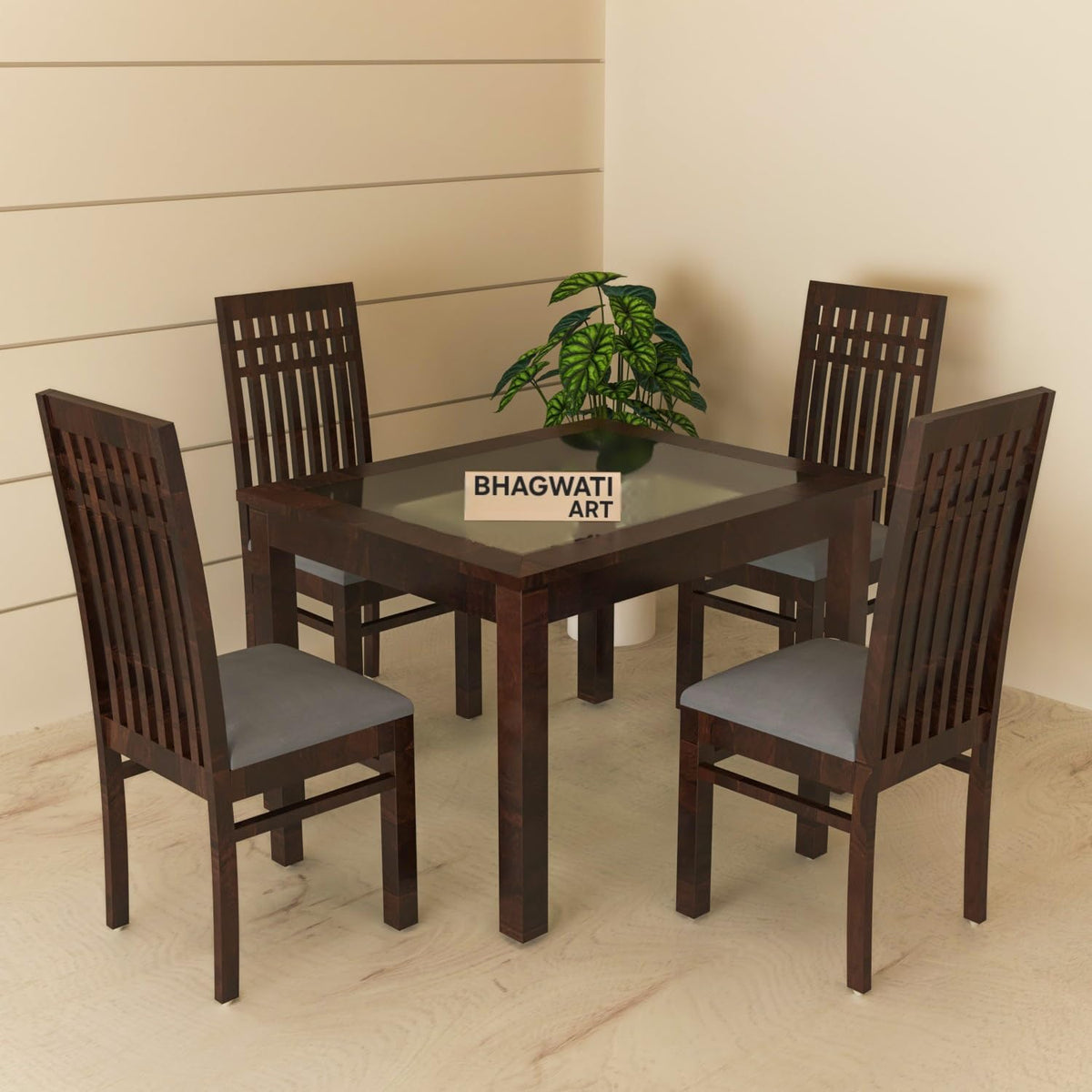 Bhagwati Art Sheesham Wood Dining Set with High Back Chairs – Plain in Walnut Finish