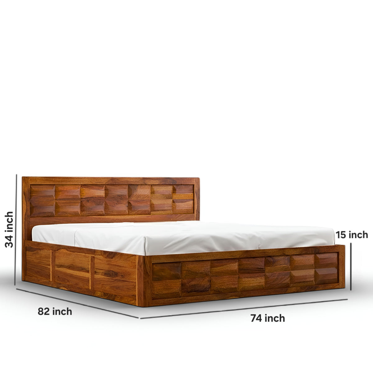 King size Barfi storage bed dimensions 82 x 74 inch, 34 inch headboard