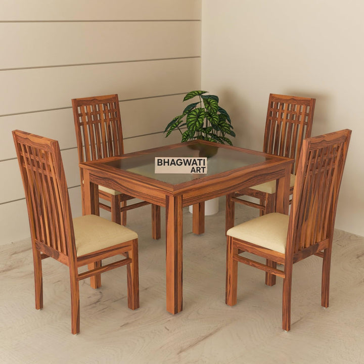 Bhagwati Art Sheesham Wood Dining Set with High Back Chairs – Plain in Honey Finish