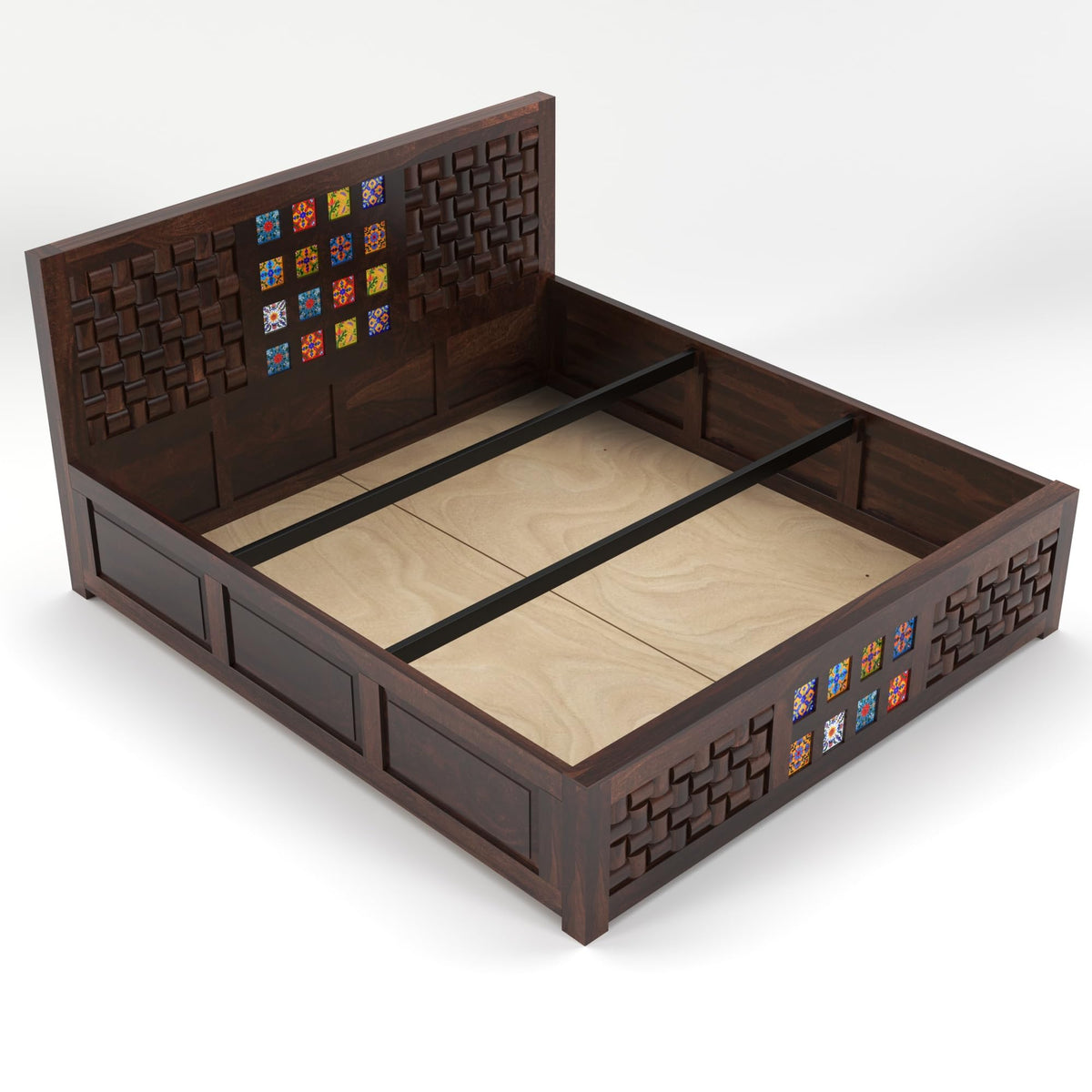 Bhagwati Art Sheesham Wood Bed with Box Storage – Niwar Tile Design – view 7
