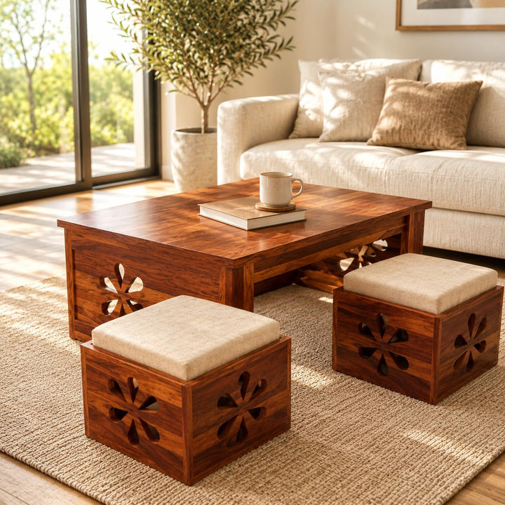 Bhagwati Art Sheesham Coffee Table with 2 Stools – Floral Jaali Design in Honey Finish