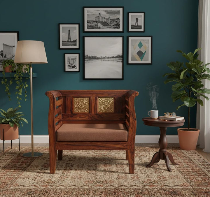 Bhagwati Art Sheesham Wood Thapa Sofa Chair with Cushion in Honey Finish