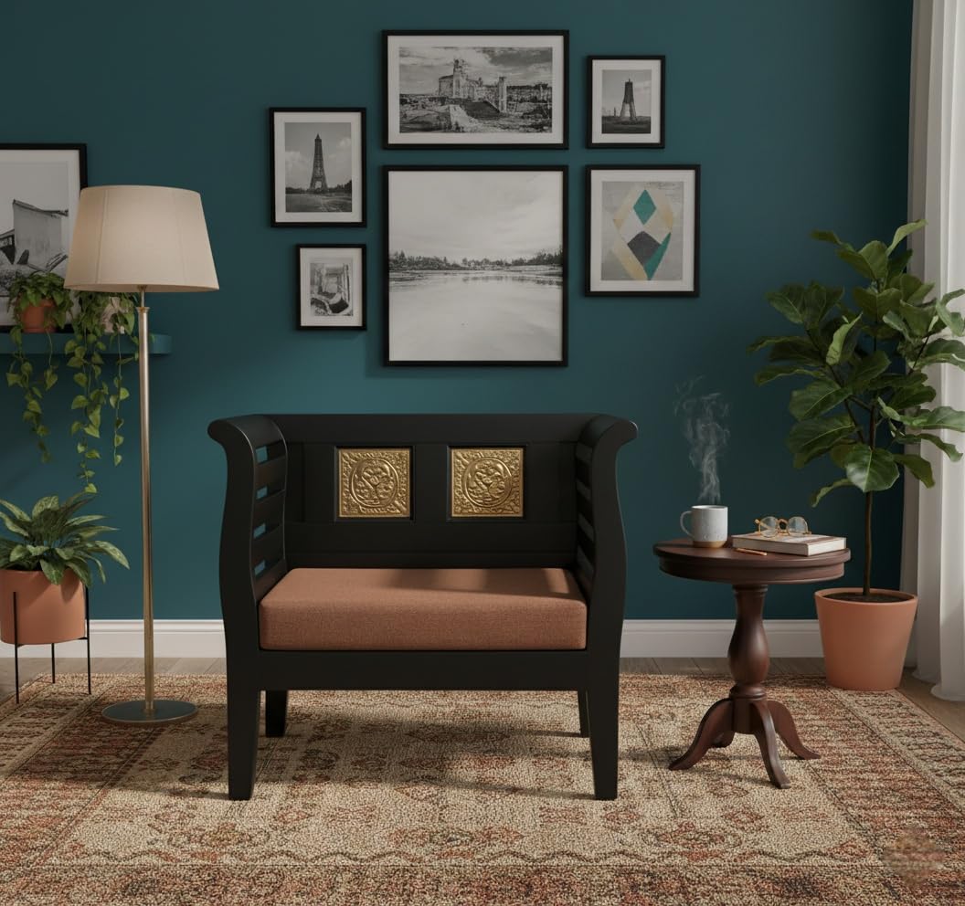 Bhagwati Art Sheesham Wood Thapa Sofa Chair with Cushion in Walnut Finish