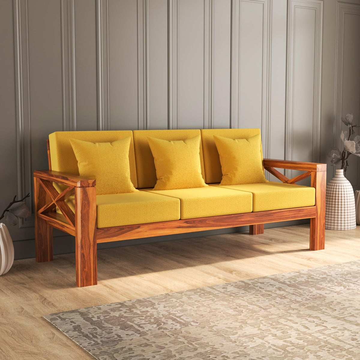Bhagwati Art Sheesham Wood 3 Seater Sofa with X Design Armrests – view 26