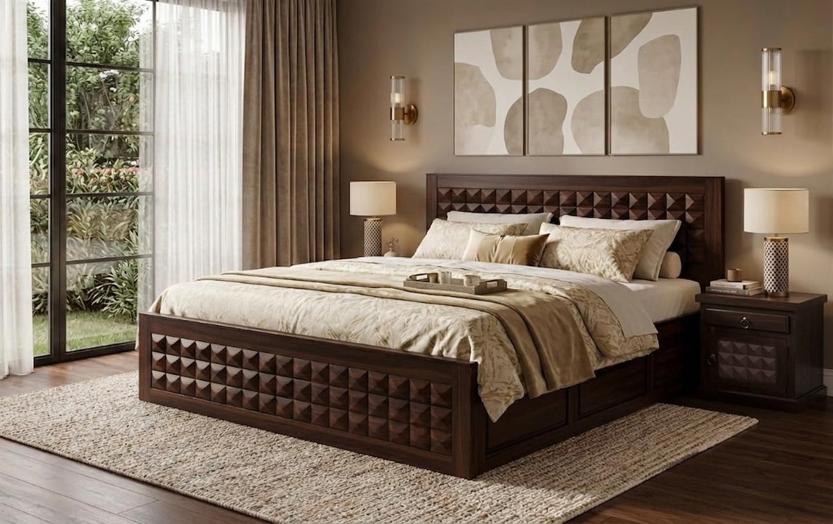 Bhagwati Art Sheesham Wood Bed with Box Storage – Diamond Design in Walnut Finish