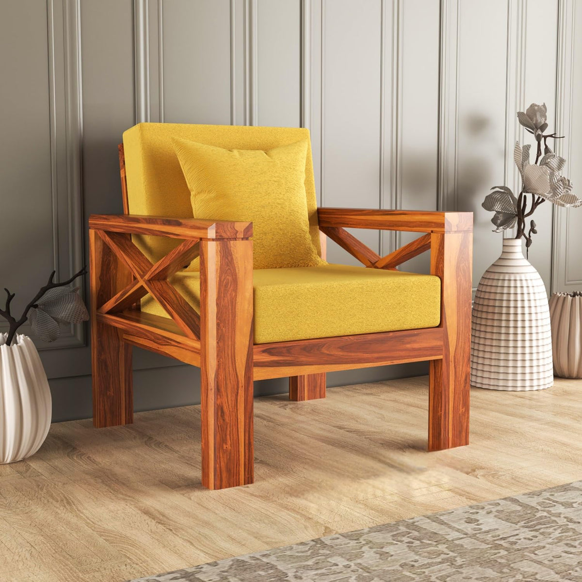 Bhagwati Art Sheesham Wood 1 Seater Sofa with X Design Armrests – view 26