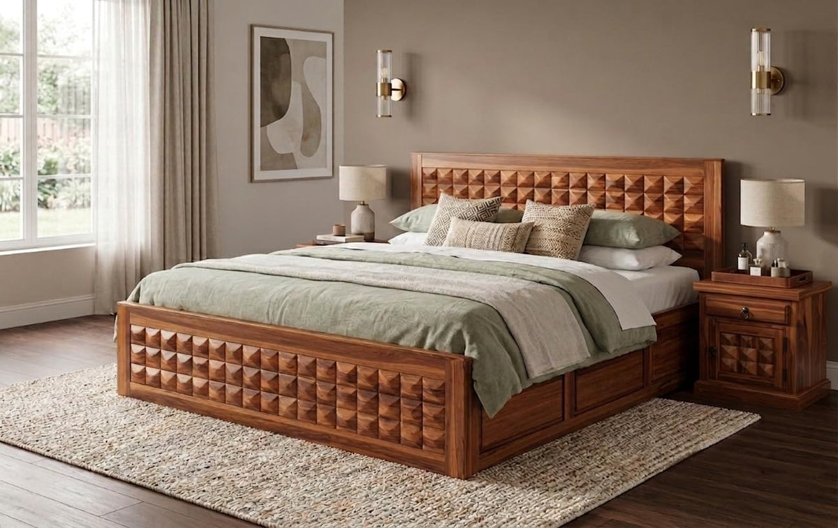 Bhagwati Art Sheesham Wood Bed with Box Storage – Diamond Design in Honey Finish