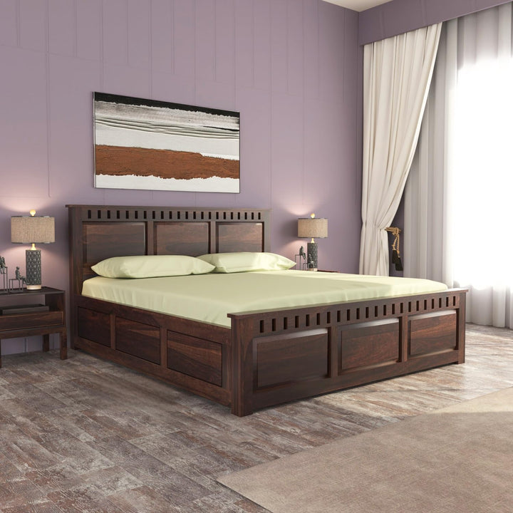 Bhagwati Art Sheesham Wood Bed with Box Storage – Kuber 3 Dalla Design in Walnut Finish