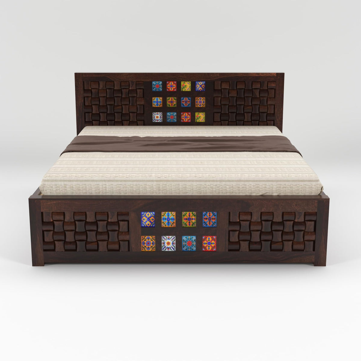 Bhagwati Art Sheesham Bed with Storage & 2 Bedside Tables – Niwar Tile – view 12