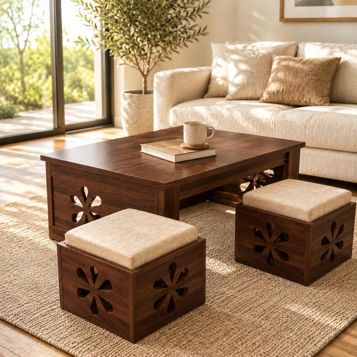 Bhagwati Art Sheesham Coffee Table with 2 Stools – Floral Jaali Design in Walnut Finish