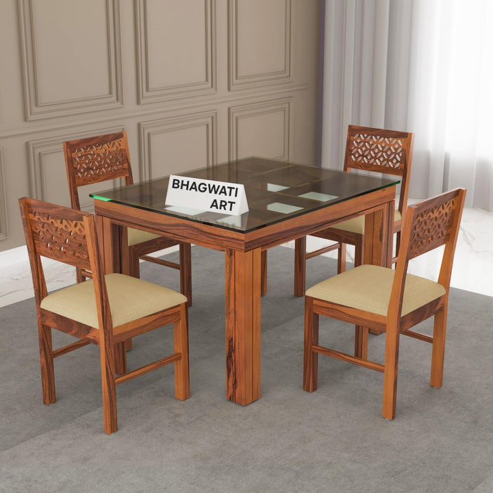 Bhagwati Art Sheesham Wood Dining Set with Glass Top – Modern Design in Honey Finish